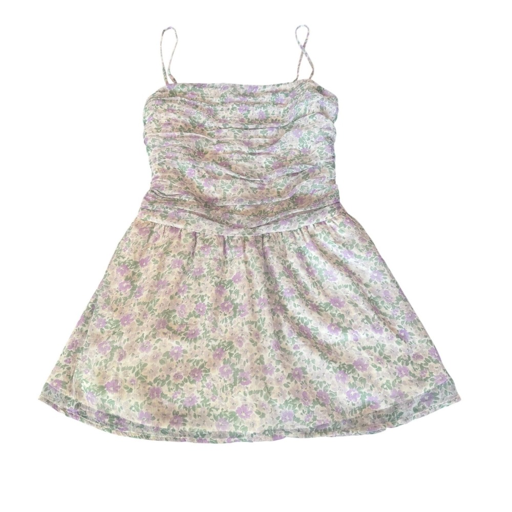 Hollister Floral Chilfon‎ Skort Mini Dress Spaghetti Straps Lavender Green SZ M